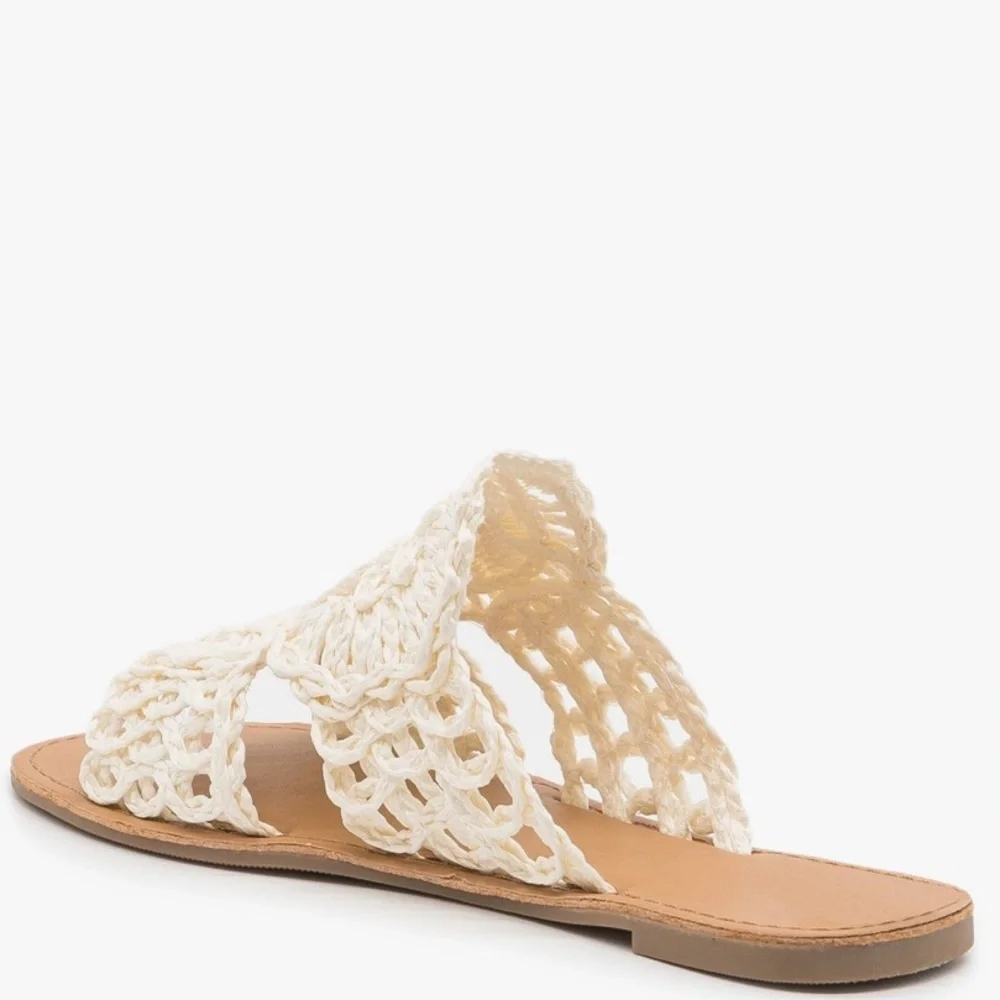 Qupid Athena Off-White Western Trend Crochet Flat Sandal - Picture 9 of 14